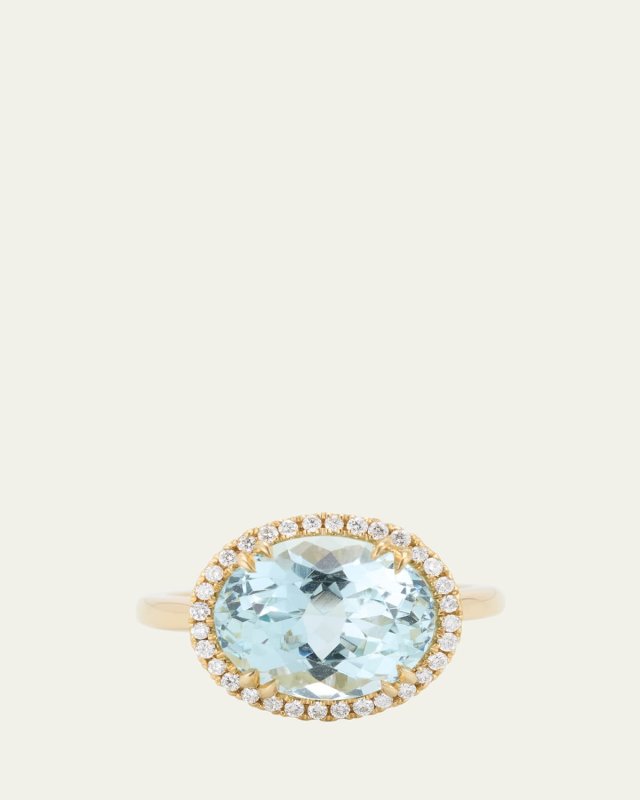 18K Gold & Pave Diamond Aquamarine Oval Ring